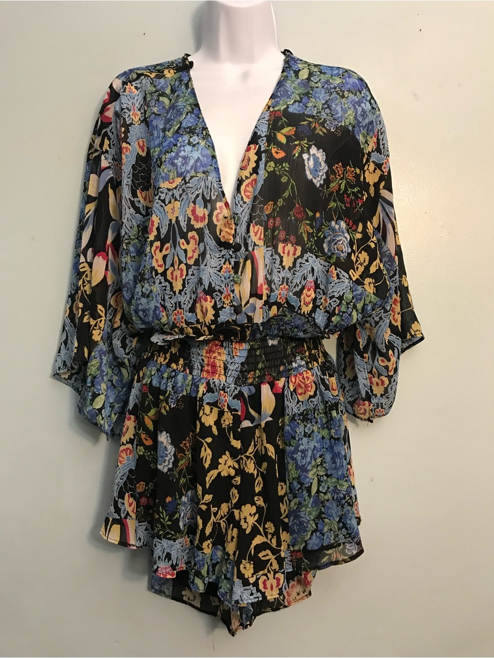 Zara Black Floral V-Neck Smocked-Waist Tunic Romper